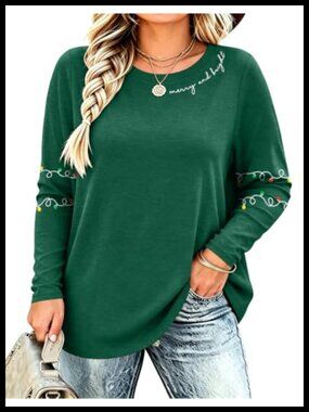 Plus Size Christmas Long Sleeve Tee Santa Tree Holiday Top